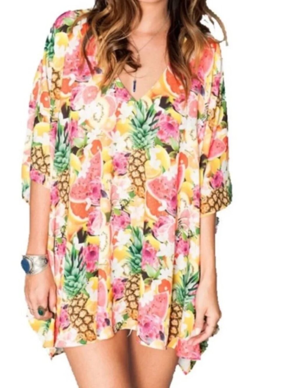 Show Me Your Mumu Floral Fruit Print V-Neck Tunic Top - Tutti Frutti